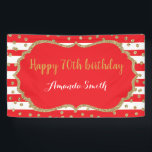 Happy 70th Birthday Banner Red en Gold Glitter<br><div class="desc">Fijne 70ste verjaardag Banner voor vrouwen of man. Rood en gouden feestdag. Glitter Confetti. Zwarte en witte strepen. Afdrukbaar digitaal. Klik voor verdere aanpassingen op de knop "Aanpassen" en gebruik onze ontwerptool om deze sjabloon te wijzigen.</div>