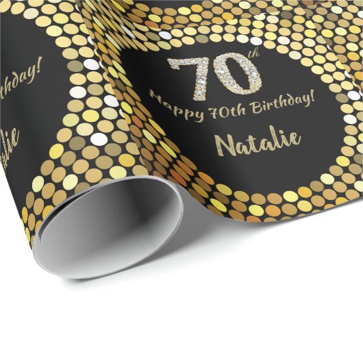 Happy 70th Birthday Black en Gold Glitter Cadeaupapier (Rol Hoek)