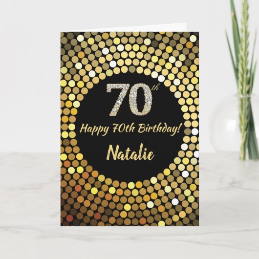 Happy 70th Birthday Black en Gold Glitter Kaart (Voorkant)