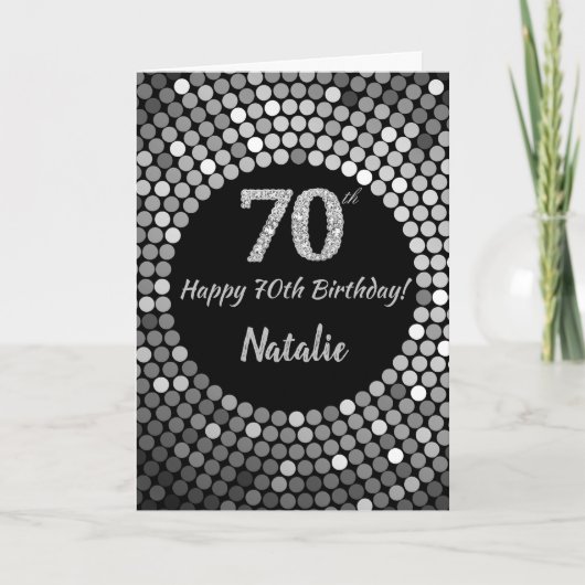 Happy 70th Birthday Black en Silver Glitter Card Kaart (Voorkant)