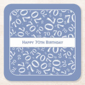 "Happy 70th Birthday" Blauw/Wit Getal Patroon Kartonnen Onderzetters (Voorkant)