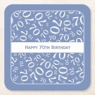 "Happy 70th Birthday" Blauw/Wit Getal Patroon Kartonnen Onderzetters