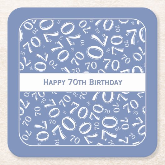 "Happy 70th Birthday" Blauw/Wit Getal Patroon Kartonnen Onderzetters (Voorkant)