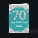 Happy 70th Birthday Blauwgroen en Silver Glitter C Kaart<br><div class="desc">Happy 70th Birthday Blauwgroen Turquoise Aqua en Silver Glitter Card met persoonlijke naam. Voor verdere aanpassing,  te klikken gelieve de knoop "van de Aanpassing het"en ons ontwerphulpmiddel te gebruiken om deze sjabloon te wijzigen.</div>