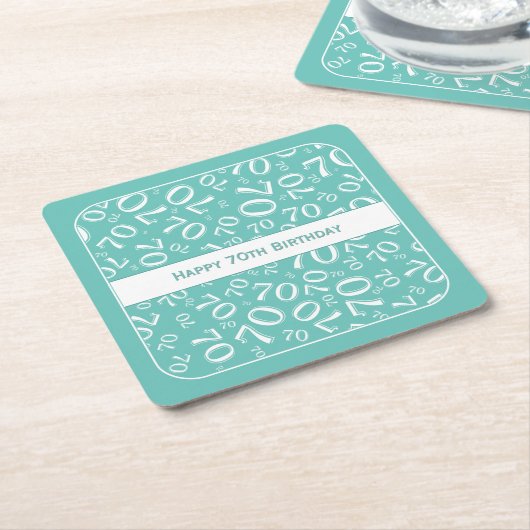 "Happy 70th Birthday" Blauwgroen/wit getallenpatro Kartonnen Onderzetters (Schuin)