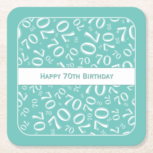 "Happy 70th Birthday" Blauwgroen/wit getallenpatro Kartonnen Onderzetters (Voorkant)