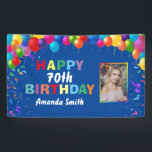Happy 70th Birthday Colorful Balloons Blue Spandoek<br><div class="desc">Fijne 70ste verjaardag kleurrijke ballonnen Confetti Blue Photo Banner. Voor verdere aanpassing,  te klikken gelieve de knoop "van de Aanpassing het"en ons ontwerphulpmiddel te gebruiken om deze sjabloon te wijzigen.</div>