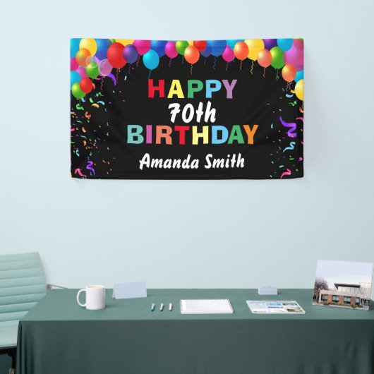 Happy 70th Birthday Colorful Balloons Confetti Spandoek (Beurs)