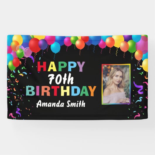 Happy 70th Birthday Colorful Balloons Confetti Spandoek (Horizontaal)