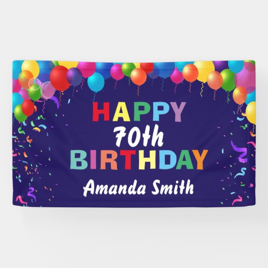 Happy 70th Birthday Colorful Balloons Navy Blue Spandoek (Horizontaal)
