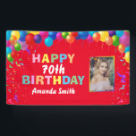 Happy 70th Birthday Colorful Balloons Red Spandoek<br><div class="desc">Happy 70th Birthday Colorful Balloons Confetti Red Photo Banner. For further customization,  please click the "Customize it" button and use our design tool to modify this template.</div>