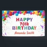 Happy 70th Birthday Colorful Balloons White Spandoek<br><div class="desc">Fijne 70ste verjaardag kleurrijke ballonnen Confetti-witte banner. Voor verdere aanpassing,  te klikken gelieve de knoop "van de Aanpassing het"en ons ontwerphulpmiddel te gebruiken om deze sjabloon te wijzigen.</div>