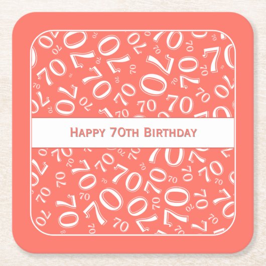 "Happy 70th Birthday" Coral/White Getal Patroon Kartonnen Onderzetters (Voorkant)