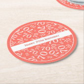 "Happy 70th Birthday" Coral/White Getal Patroon Ronde Kartonnen Onderzetter (Gebogen)