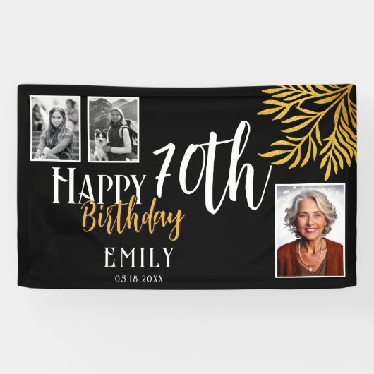Happy 70th Birthday Gold Foliage 3 Photo Backdrop Spandoek (Horizontaal)