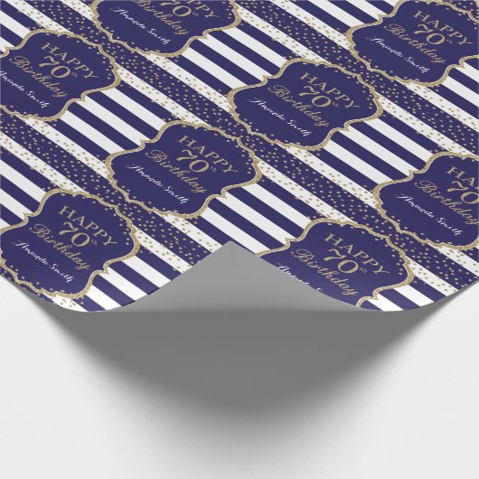 Happy 70th Birthday Gold Glitter en Navy Blue Cadeaupapier (Hoek)