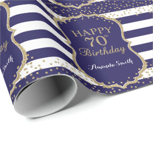 Happy 70th Birthday Gold Glitter en Navy Blue Cadeaupapier