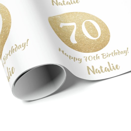 Happy 70th Birthday Gold Glitter en White Cadeaupapier (Rol Hoek)