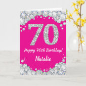 Happy 70th Birthday Hot Pink en Silver Glitter Kaart (Gele Bloem)