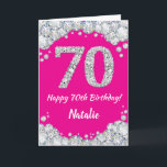 Happy 70th Birthday Hot Pink en Silver Glitter Kaart<br><div class="desc">Happy 70th Birthday Hot Pink en Silver Glitter Card met persoonlijke naam. Voor verdere aanpassing,  te klikken gelieve de knoop "van de Aanpassing het"en ons ontwerphulpmiddel te gebruiken om deze sjabloon te wijzigen.</div>