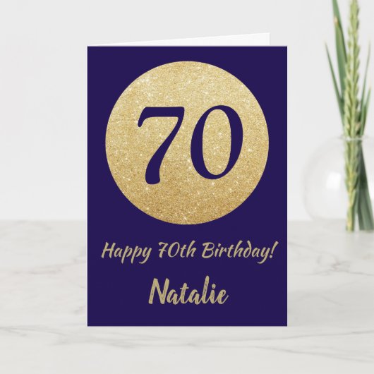 Happy 70th Birthday Navy Blue and Gold Glitter Kaart (Voorkant)