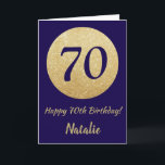 Happy 70th Birthday Navy Blue and Gold Glitter Kaart<br><div class="desc">Fijne 70ste verjaardag Navy Blue en Gold Glitter Card met persoonlijke naam.Klik voor verdere aanpassingen op de knop "Aanpassen" en gebruik onze ontwerptool om deze sjabloon te wijzigen.</div>