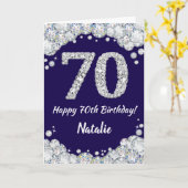 Happy 70th Birthday Navy Blue en Silver Glitter Kaart (Gele Bloem)