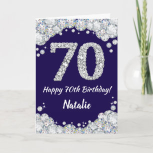 Happy 70th Birthday Navy Blue en Silver Glitter Kaart