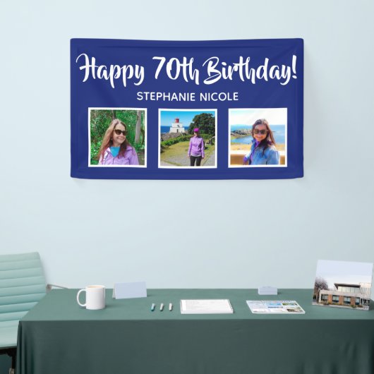 Happy 70th Birthday Navy Blue Gepersonaliseerde fo Spandoek (Beurs)