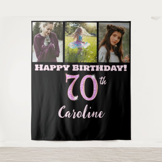 Happy 70th Birthday Party, Pink Glitter & 3 foto's Wandkleed (Voorkant)