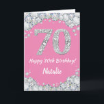 Happy 70th Birthday Pink en Silver Glitter Card Kaart<br><div class="desc">Fijne 70e verjaardag Roze en Silver Glitter Card met persoonlijke naam. Voor verdere aanpassing,  te klikken gelieve de knoop "van de Aanpassing het"en ons ontwerphulpmiddel te gebruiken om deze sjabloon te wijzigen.</div>