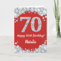 Happy 70th Birthday Red en Silver Glitter Card
