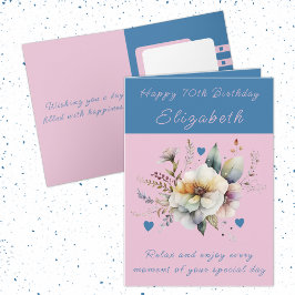 Happy 70th Birthday voeg naam bloemenblauw toe Kaart