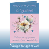 Happy 70th Birthday voeg naam bloemenblauw toe Kaart