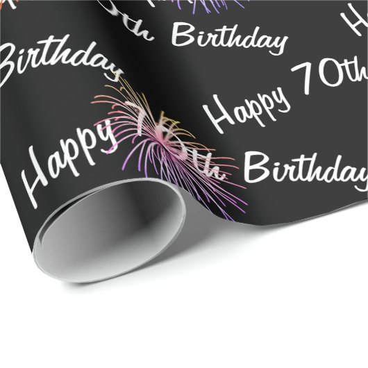 Happy 70th Birthday vuurwerk op zwart Cadeaupapier (Rol Hoek)