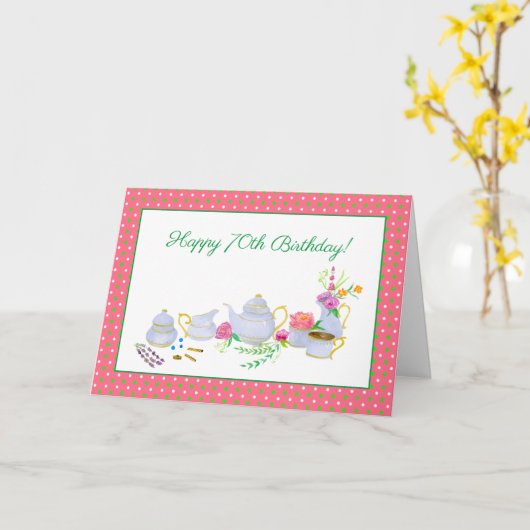 Happy 70th Birthday Waterverf Tea Set Kaart (Gele Bloem)