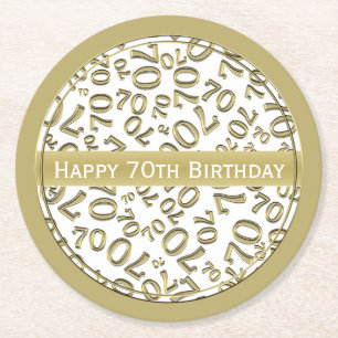 "Happy 70th Birthday" Wit/Goud Getal Patroon Ronde Kartonnen Onderzetter