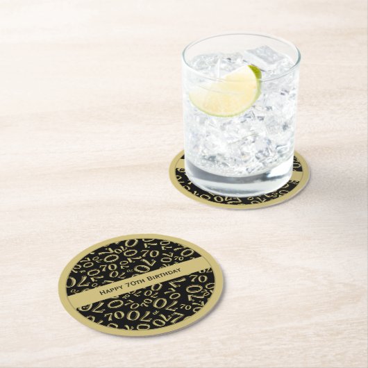 "Happy 70th Birthday" Wit/Goud Getal Patroon Ronde Kartonnen Onderzetter (Insitu)