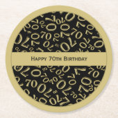 "Happy 70th Birthday" Wit/Goud Getal Patroon Ronde Kartonnen Onderzetter (Voorkant)