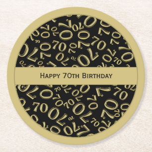 "Happy 70th Birthday" Wit/Goud Getal Patroon Ronde Kartonnen Onderzetter