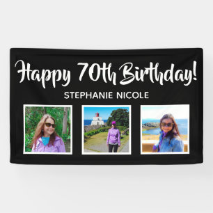 Happy 70th Birthday Zwart Gepersonaliseerde 3 Foto Spandoek