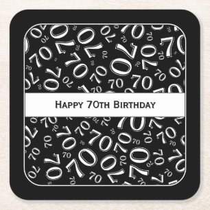 "Happy 70th Birthday" Zwart/Wit Getal Patroon Kartonnen Onderzetters