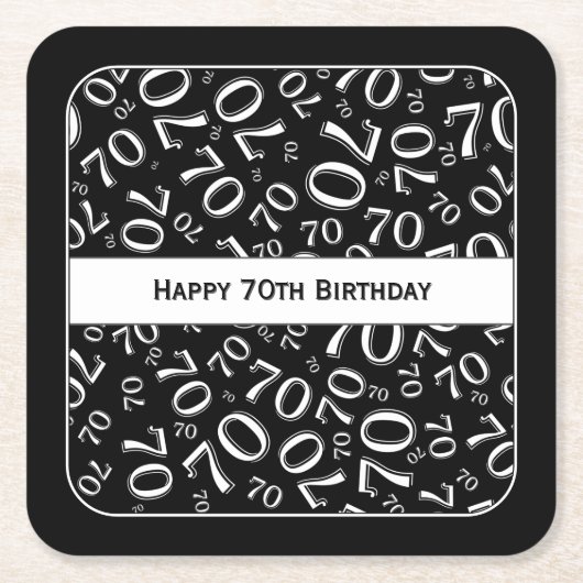 "Happy 70th Birthday" Zwart/Wit Getal Patroon Kartonnen Onderzetters (Voorkant)