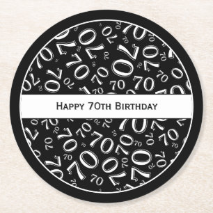 "Happy 70th Birthday" Zwart/Wit Getal Patroon Ronde Kartonnen Onderzetter