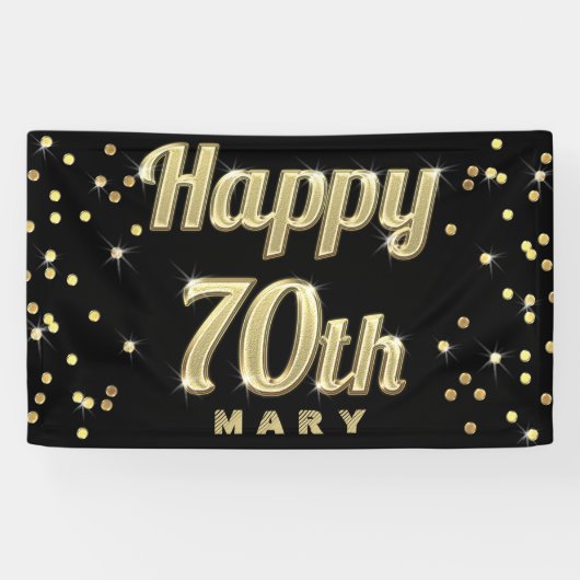 Happy 70th Gold Bling Typography Confetti Black Spandoek (Horizontaal)
