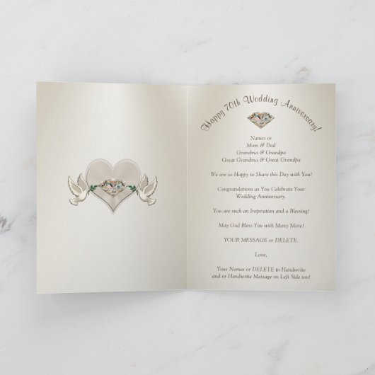 Happy 70th Wedding Jubileum Kaarten voor Ouders (Binnen)
