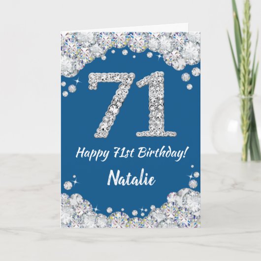 Happy 71st Birthday Blue en Silver Glitter Card Kaart (Voorkant)