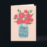 Happy 71st Birthday Friend w/ Mason Jar of Flowers Kaart<br><div class="desc">Een metselaarpot gevuld met een prachtige bos pioenrozen en witte bloemetjes met de hand geletterde woorden 'For my friend' op het label en 'Happy 71st Birthday' op de metselaarpot. De perfecte verjaardagskaart om de verjaardag van je vriend te vieren! © Ness Nordberg</div>