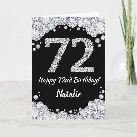Happy 72e verjaardag zwarte en Silver Glitter-kaar Kaart (Voorkant)