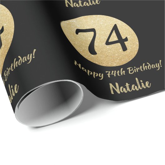 Happy 74th Birthday Black en Gold Glitter Cadeaupapier (Rol Hoek)